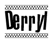 The clipart image displays the text Derryl in a bold, stylized font. It is enclosed in a rectangular border with a checkerboard pattern running below and above the text, similar to a finish line in racing. 