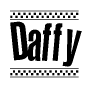 The image contains the text Daffy in a bold, stylized font, with a checkered flag pattern bordering the top and bottom of the text.