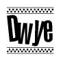 The image is a black and white clipart of the text Dwye in a bold, italicized font. The text is bordered by a dotted line on the top and bottom, and there are checkered flags positioned at both ends of the text, usually associated with racing or finishing lines.