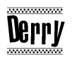 The image is a black and white clipart of the text Derry in a bold, italicized font. The text is bordered by a dotted line on the top and bottom, and there are checkered flags positioned at both ends of the text, usually associated with racing or finishing lines.