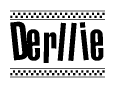 The image is a black and white clipart of the text Derllie in a bold, italicized font. The text is bordered by a dotted line on the top and bottom, and there are checkered flags positioned at both ends of the text, usually associated with racing or finishing lines.