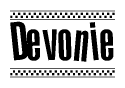The image contains the text Devonie in a bold, stylized font, with a checkered flag pattern bordering the top and bottom of the text.