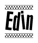 The image is a black and white clipart of the text Edin in a bold, italicized font. The text is bordered by a dotted line on the top and bottom, and there are checkered flags positioned at both ends of the text, usually associated with racing or finishing lines.