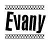The image contains the text Evany in a bold, stylized font, with a checkered flag pattern bordering the top and bottom of the text.