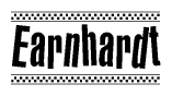 The clipart image displays the text Earnhardt in a bold, stylized font. It is enclosed in a rectangular border with a checkerboard pattern running below and above the text, similar to a finish line in racing. 