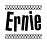 The image contains the text Ernie in a bold, stylized font, with a checkered flag pattern bordering the top and bottom of the text.