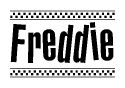 The image contains the text Freddie in a bold, stylized font, with a checkered flag pattern bordering the top and bottom of the text.