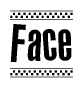 The image is a black and white clipart of the text Face in a bold, italicized font. The text is bordered by a dotted line on the top and bottom, and there are checkered flags positioned at both ends of the text, usually associated with racing or finishing lines.