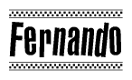 The image contains the text Fernando in a bold, stylized font, with a checkered flag pattern bordering the top and bottom of the text.