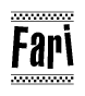 The image is a black and white clipart of the text Fari in a bold, italicized font. The text is bordered by a dotted line on the top and bottom, and there are checkered flags positioned at both ends of the text, usually associated with racing or finishing lines.