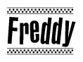 The image is a black and white clipart of the text Freddy in a bold, italicized font. The text is bordered by a dotted line on the top and bottom, and there are checkered flags positioned at both ends of the text, usually associated with racing or finishing lines.