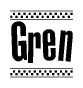 The image contains the text Gren in a bold, stylized font, with a checkered flag pattern bordering the top and bottom of the text.