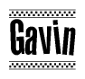 The clipart image displays the text Gavin in a bold, stylized font. It is enclosed in a rectangular border with a checkerboard pattern running below and above the text, similar to a finish line in racing. 