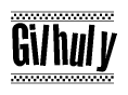 The image contains the text Gilhuly in a bold, stylized font, with a checkered flag pattern bordering the top and bottom of the text.