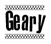 The clipart image displays the text Geary in a bold, stylized font. It is enclosed in a rectangular border with a checkerboard pattern running below and above the text, similar to a finish line in racing. 
