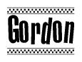 The clipart image displays the text Gordon in a bold, stylized font. It is enclosed in a rectangular border with a checkerboard pattern running below and above the text, similar to a finish line in racing. 
