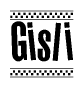 The clipart image displays the text Gisli in a bold, stylized font. It is enclosed in a rectangular border with a checkerboard pattern running below and above the text, similar to a finish line in racing. 