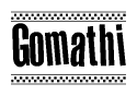 The image is a black and white clipart of the text Gomathi in a bold, italicized font. The text is bordered by a dotted line on the top and bottom, and there are checkered flags positioned at both ends of the text, usually associated with racing or finishing lines.