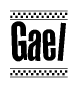 The image is a black and white clipart of the text Gael in a bold, italicized font. The text is bordered by a dotted line on the top and bottom, and there are checkered flags positioned at both ends of the text, usually associated with racing or finishing lines.