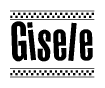 The image is a black and white clipart of the text Gisele in a bold, italicized font. The text is bordered by a dotted line on the top and bottom, and there are checkered flags positioned at both ends of the text, usually associated with racing or finishing lines.