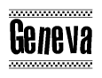 The image contains the text Geneva in a bold, stylized font, with a checkered flag pattern bordering the top and bottom of the text.