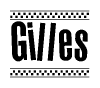 The image is a black and white clipart of the text Gilles in a bold, italicized font. The text is bordered by a dotted line on the top and bottom, and there are checkered flags positioned at both ends of the text, usually associated with racing or finishing lines.