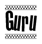 The image is a black and white clipart of the text Guru in a bold, italicized font. The text is bordered by a dotted line on the top and bottom, and there are checkered flags positioned at both ends of the text, usually associated with racing or finishing lines.