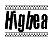 The image contains the text Higbea in a bold, stylized font, with a checkered flag pattern bordering the top and bottom of the text.