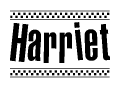 The clipart image displays the text Harriet in a bold, stylized font. It is enclosed in a rectangular border with a checkerboard pattern running below and above the text, similar to a finish line in racing. 