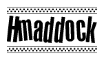 The image is a black and white clipart of the text Hmaddock in a bold, italicized font. The text is bordered by a dotted line on the top and bottom, and there are checkered flags positioned at both ends of the text, usually associated with racing or finishing lines.