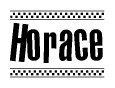 The clipart image displays the text Horace in a bold, stylized font. It is enclosed in a rectangular border with a checkerboard pattern running below and above the text, similar to a finish line in racing. 