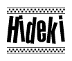 The clipart image displays the text Hideki in a bold, stylized font. It is enclosed in a rectangular border with a checkerboard pattern running below and above the text, similar to a finish line in racing. 