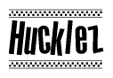 The image contains the text Hucklez in a bold, stylized font, with a checkered flag pattern bordering the top and bottom of the text.