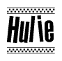 The image contains the text Hulie in a bold, stylized font, with a checkered flag pattern bordering the top and bottom of the text.