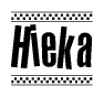 The image is a black and white clipart of the text Hieka in a bold, italicized font. The text is bordered by a dotted line on the top and bottom, and there are checkered flags positioned at both ends of the text, usually associated with racing or finishing lines.