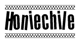 The image contains the text Honiechile in a bold, stylized font, with a checkered flag pattern bordering the top and bottom of the text.