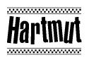 The image is a black and white clipart of the text Hartmut in a bold, italicized font. The text is bordered by a dotted line on the top and bottom, and there are checkered flags positioned at both ends of the text, usually associated with racing or finishing lines.