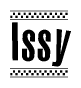 The clipart image displays the text Issy in a bold, stylized font. It is enclosed in a rectangular border with a checkerboard pattern running below and above the text, similar to a finish line in racing. 