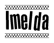 The clipart image displays the text Imelda in a bold, stylized font. It is enclosed in a rectangular border with a checkerboard pattern running below and above the text, similar to a finish line in racing. 