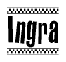 The image is a black and white clipart of the text Ingra in a bold, italicized font. The text is bordered by a dotted line on the top and bottom, and there are checkered flags positioned at both ends of the text, usually associated with racing or finishing lines.