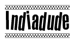 The image is a black and white clipart of the text Indiadude in a bold, italicized font. The text is bordered by a dotted line on the top and bottom, and there are checkered flags positioned at both ends of the text, usually associated with racing or finishing lines.