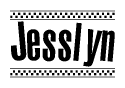 The image contains the text Jesslyn in a bold, stylized font, with a checkered flag pattern bordering the top and bottom of the text.