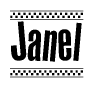 The image is a black and white clipart of the text Janel in a bold, italicized font. The text is bordered by a dotted line on the top and bottom, and there are checkered flags positioned at both ends of the text, usually associated with racing or finishing lines.