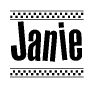 The image is a black and white clipart of the text Janie in a bold, italicized font. The text is bordered by a dotted line on the top and bottom, and there are checkered flags positioned at both ends of the text, usually associated with racing or finishing lines.