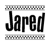 The image is a black and white clipart of the text Jared in a bold, italicized font. The text is bordered by a dotted line on the top and bottom, and there are checkered flags positioned at both ends of the text, usually associated with racing or finishing lines.