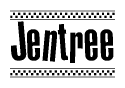 The image is a black and white clipart of the text Jentree in a bold, italicized font. The text is bordered by a dotted line on the top and bottom, and there are checkered flags positioned at both ends of the text, usually associated with racing or finishing lines.