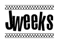 The clipart image displays the text Jweeks in a bold, stylized font. It is enclosed in a rectangular border with a checkerboard pattern running below and above the text, similar to a finish line in racing. 