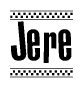 The clipart image displays the text Jere in a bold, stylized font. It is enclosed in a rectangular border with a checkerboard pattern running below and above the text, similar to a finish line in racing. 