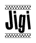 The clipart image displays the text Jigi in a bold, stylized font. It is enclosed in a rectangular border with a checkerboard pattern running below and above the text, similar to a finish line in racing. 