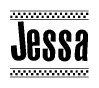 The clipart image displays the text Jessa in a bold, stylized font. It is enclosed in a rectangular border with a checkerboard pattern running below and above the text, similar to a finish line in racing. 